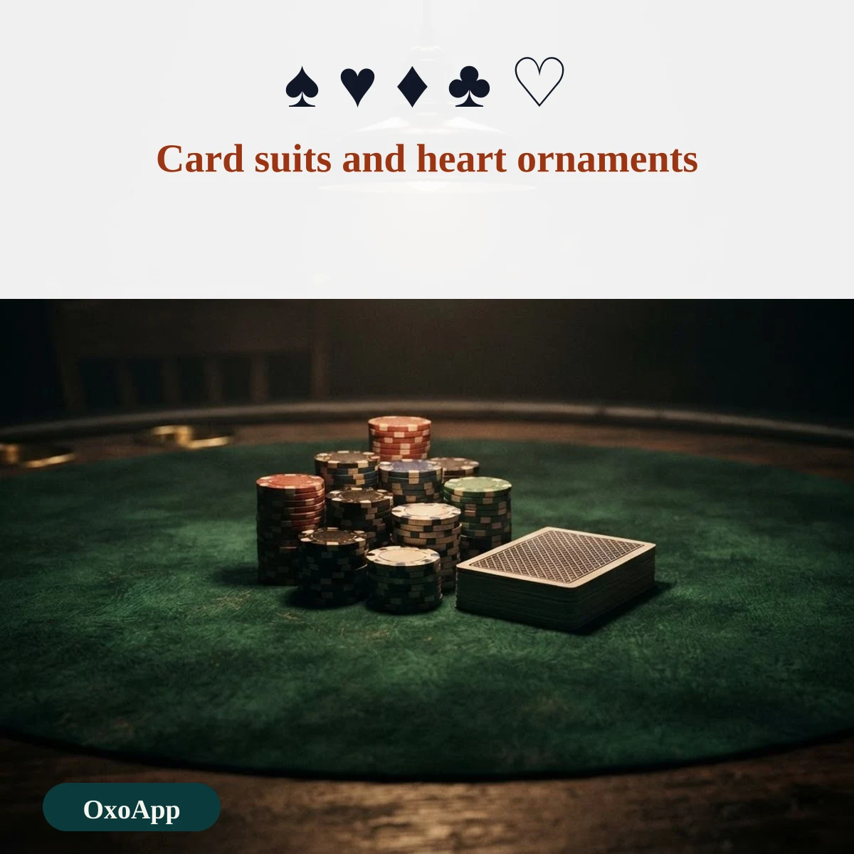 Card suits including the heart suit, next to heart ornaments from the Dingbats block