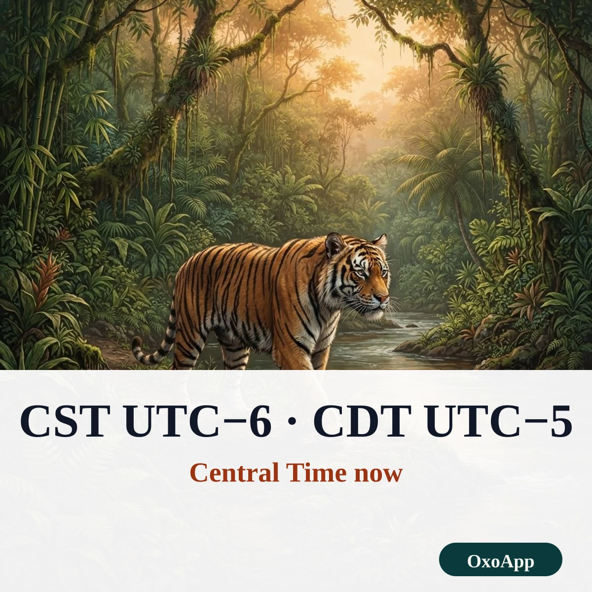Central Time now: a live clock showing CST in winter and CDT in summer