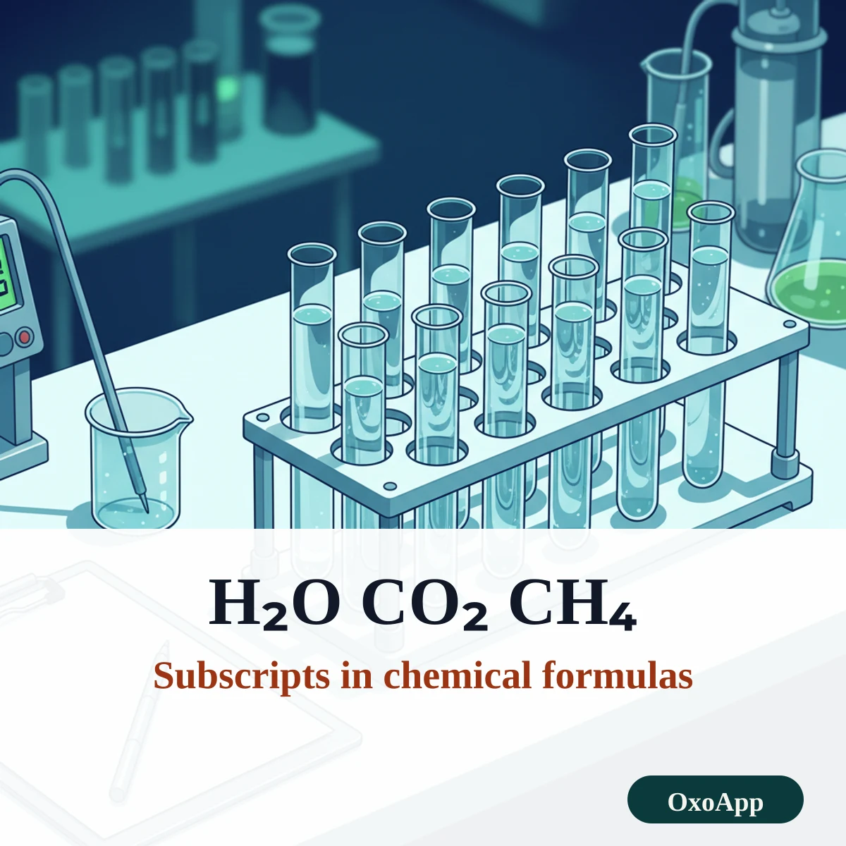 Chemical formulas such as water and carbon dioxide written with subscript digits