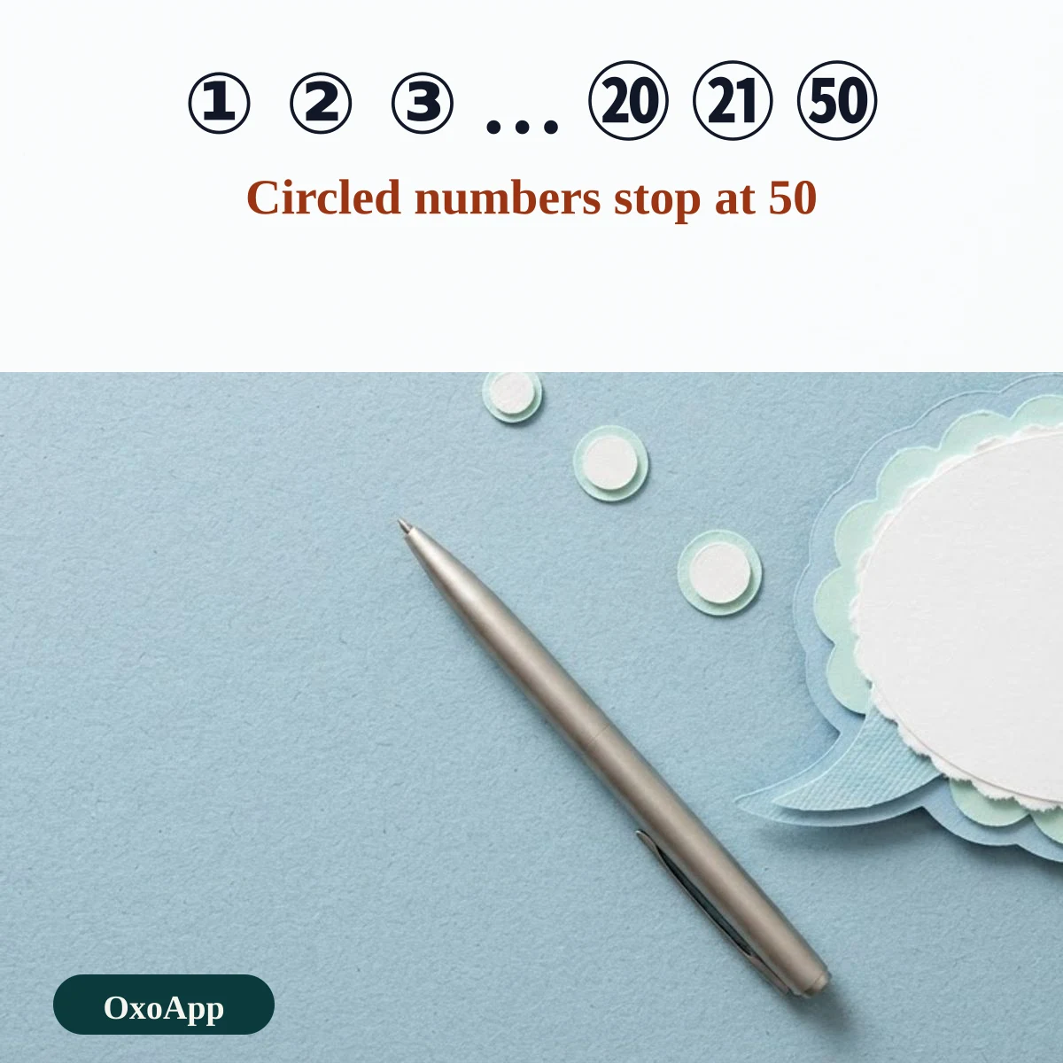 Circled numbers from 1 to 50 and where the single characters stop