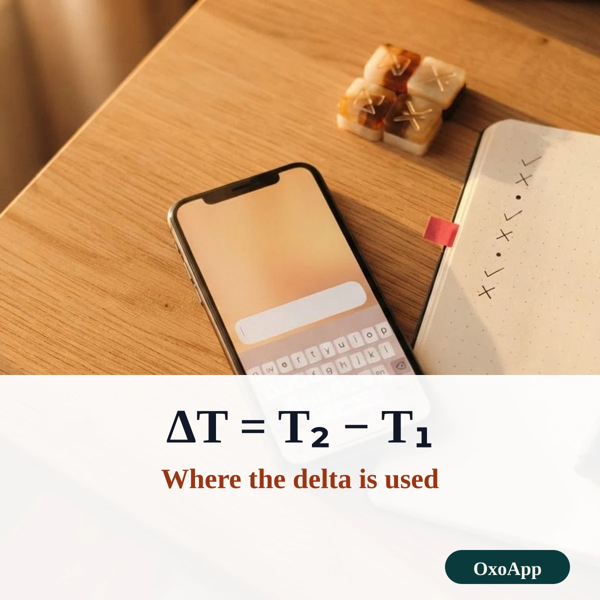 The delta symbol in a change formula, ΔT equals T2 minus T1