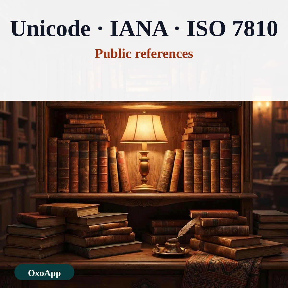 The public references behind OxoApp tools: Unicode, the IANA time zone database and ISO 7810